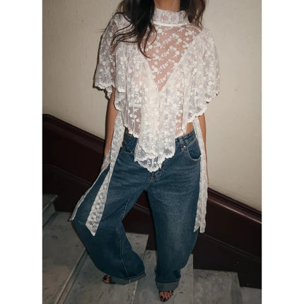 Women Summer Flower Embroidery Lace Sheer T-Shirt Irregular Triangle Ruffled Hem Capes Flutter Sleeves High Neck Top