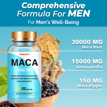 Maca Root Tablets for Men To Maximize Vitality and Performance Made with Black Maca, Ashwagandha,Black Pepper
