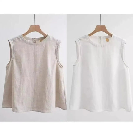Loose Cotton Linen Vest Women's Summer New Plus Size Fat MM Outerwear Inner Match Svel T-shirt Top Versatile Round Neck