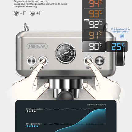 HiBREW 20Bar Semi Automatic Espresso Coffee Machine Temperature Adjustable 58mm Portafilter Cold/Hot Coffee Maker Metal CaseH10A