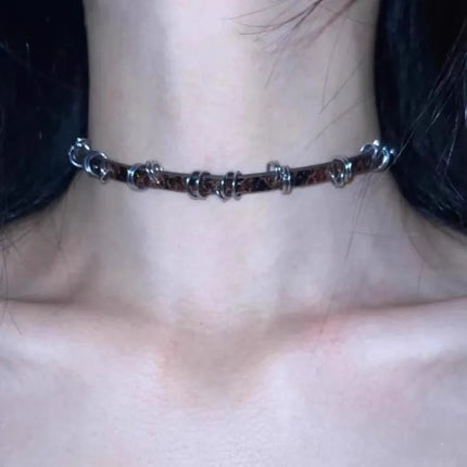 Gothic Brown Vintage Irregular Metal Circle Fine Leather Necklace Choker Sweet Cool Retro Leather Collar Choker Jewelry Y2K