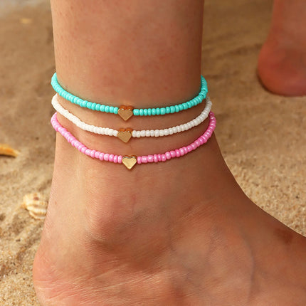 1 Set Bohemia Summer Colorful Rice Beads Heart Beads Ankle For Women Boho Ocean Barefoot Beach Leg Bracelet Anklet Set Female