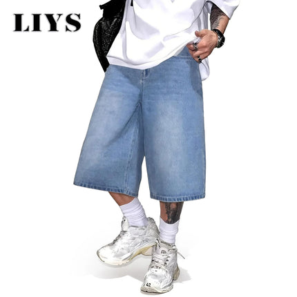LIYS Men's Simple Light Blue Retro Ultra Baggy Wide-Leg Denim Shorts Student Youth Street Casual Oversized Baggy Jeans Unisex