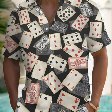 Men's Playing Cards and Dice Printed Short Sleeve Shirt Polyester Fabric Suitable for Summer Vacation and Casual Outing Shirts