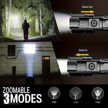 Rechargeable Zoom LED Flashlight Handheld Torch with 3 Modes Waterproof High Power Light Hand Lamp For Working Outdoor Camping