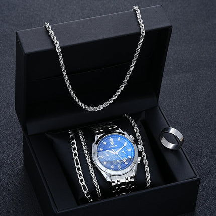 6 Pcs Set Men's Stainless Steel Watches Business Luxury Quartz Wristwatch Calendar Clock Casual Watch Necklace Bracelet Ring Set