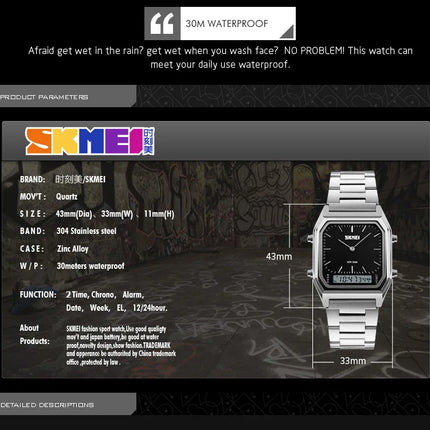 SKMEI Luxury Digital Quartz Watch for Men Sports Chronograph Waterproof Mens Wristwatches Stainless Steel 1612 reloj hombre 1220