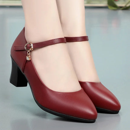 Women Fashion Sweet Red Comfort Buckle Strap Square Heel Pumps Lady Casual Black Pu Leather Office High Heel Shoes Spring Autumn