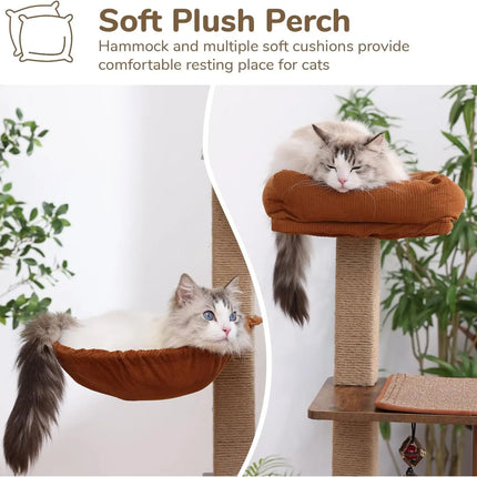 4-in-1 Large Modern Cat Tower with Scratching Post, Hammock, and Silvervine Balls, Brown Wood Climber for Indoor Cats, Retro Style