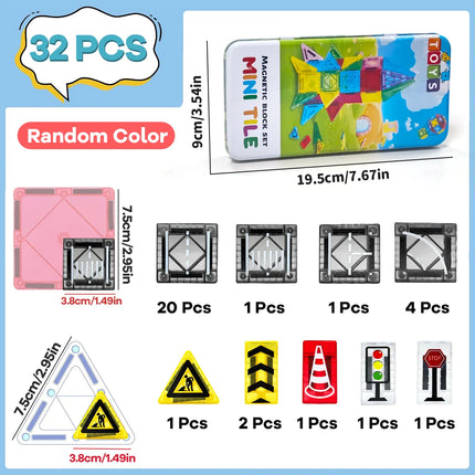 32/64/58PCS Magnetic Road Construction Set Toys For Kids Gift Magnetic Building Blocks Montessori Educational Toys With Iron Box