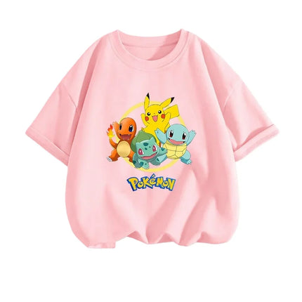 2026 Summer Pokemon Eeveelutions & Kirby Group Print T-Shirt, 100% Cotton Loose Casual Oversized Tee for Adults & Kids Y2k