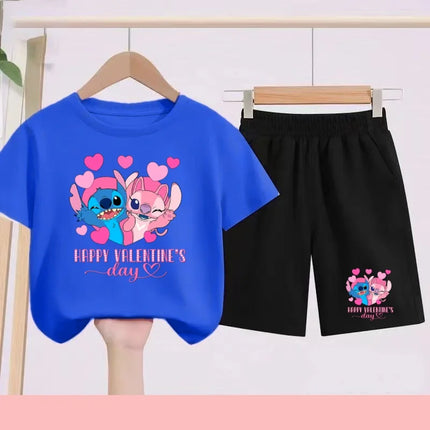 Disney 2026 Summer Round-neck Short-sleeved Set Girl Stitch Printed T-shirt Fashion Child Top+Shorts Casual Daily Sportswear Set