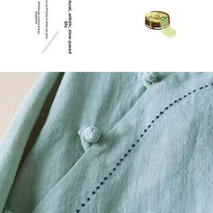 Retro Artistic Women's Long Sleeve Cotton Linen Loose Slim Fit Shirt Stand Collar Side Button Geometric Pattern Elegant Style