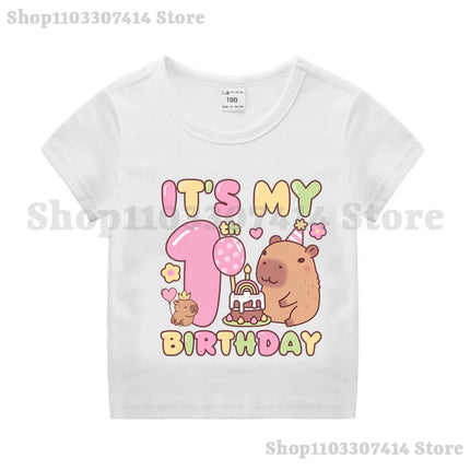 Capybara Girl Anime Cotton T-shirt Kids Cartoon Cute Top Number 1-10 Pattern Print Tee Summer Birthday Party Clothing Gifts 2025