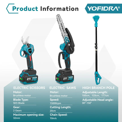 YOFIDRA Brushless Telescoping Pole Electric Chainsaw Pruner Shear Scissor High Garden Pruning Tool For Makita 21V Battery Pin