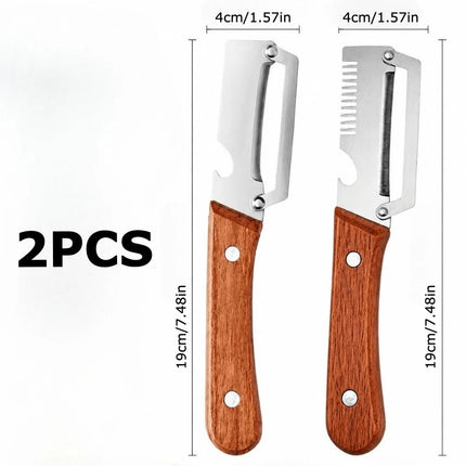 Two-piece heavy-duty stainless steel peeler and slicer，Equipped with a bottle opener and straight blade design。Suitable for suga
