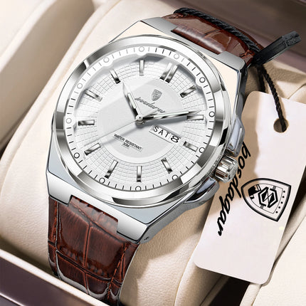 POEDAGAR Trendy Sport Men's Wristwatch Waterproof Luminous Date Week Business Fashion Men's Quartz Watches Leather Men's Watch Reloj