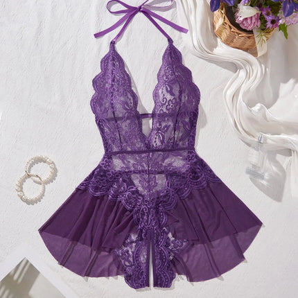 Women Plus Size Purple Lace Halter Neck Bodysuit With Peplum Skirt