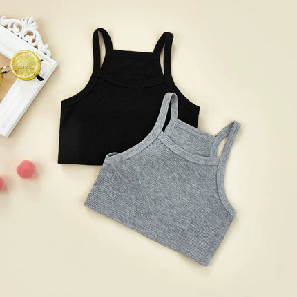 1-6 Years Kids Girls Casual Tank Tops Solid Black Gray Sleeveless Knitted Sling Crop Tops For Girls
