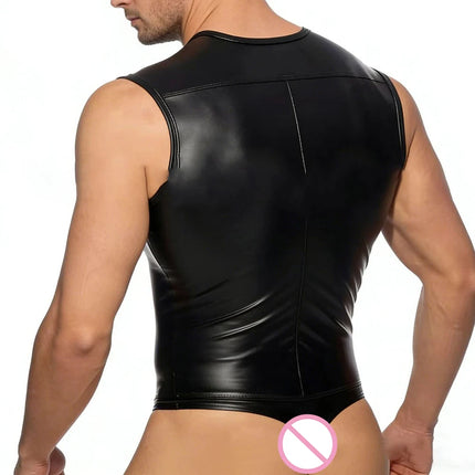 Men's Faux Leather Zipper Bodysuit Gay Bulge Pouch Tight Clubwear Tank Tops Vests Tights Clubwear T-shirt Leotard