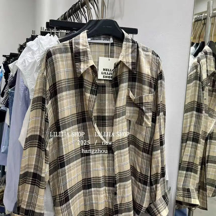 Loose Long-Sleeve Shirt Women's Korean Style Plaid Versatile Shirt with Belt, Slimming Effect, Early Autumn New Style Dongdaemun