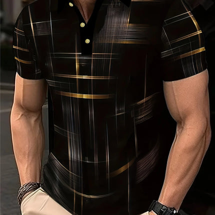 Men's Collar Design Top Printed Casual Shirt Men's Gold Irregular Stripe Casual Short Sleeved Top Short Sleeved Shirt