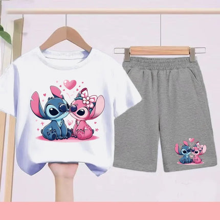Kids Disney Stitch Print Summer Cute Breathable Tees + Shorts 2pcs 3-12 Years Boy Girls Round-neck Set Children Leisure Clothing