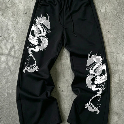 Men's Harajuku Dual Side Ink Dragon Japanese Katakana Print Wide Leg Sweatpants Drawstring Soft Asian Street Loose Trousers