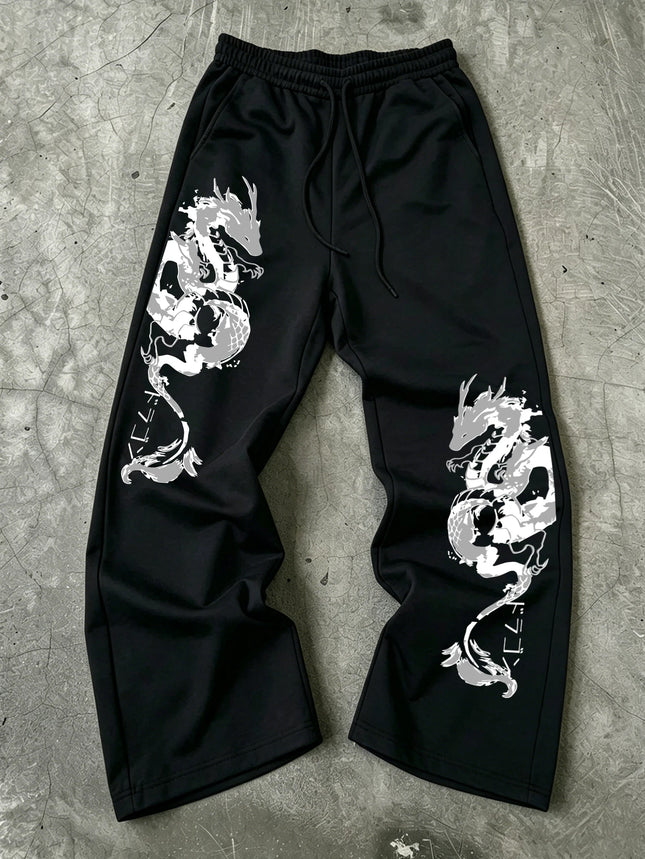 Men's Harajuku Dual Side Ink Dragon Japanese Katakana Print Wide Leg Sweatpants Drawstring Soft Asian Street Loose Trousers