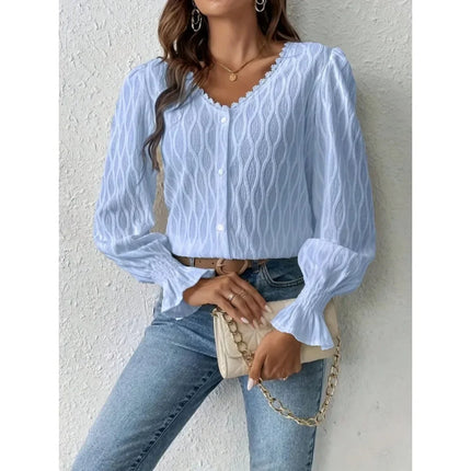 Plus Size 1XL-5XL New Women's V-neck Lace Trimmed Front Round Neck Long Sleeved Blouse Women Casual Long Sleeved Lapel Shirt