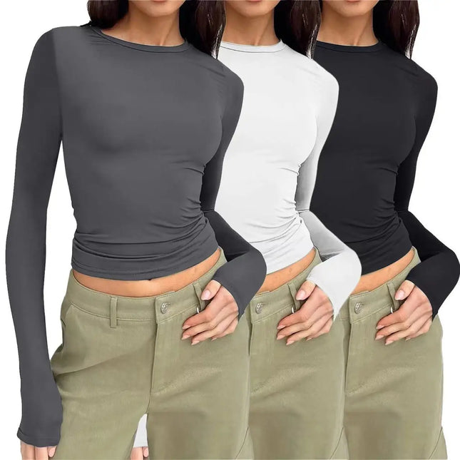 Y2k Long Sleeve T Shirt Women Spring Autumn Crop Top Casual Slim Fit Pullovers Solid O Neck T-shirts Streetwear Female Basic Tee