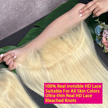 #613 Blonde Colored 13x6 13x4 Invisible HD Lace Frontal Melt Skin PrePlucked Bleached Knots Straight 100% Raw Virgin Human Hair