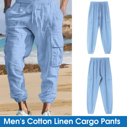 Men's Cotton Linen Blend Cargo Jogger Pants, Elastic Waist Drawstring Trousers with Side Pockets for Summer Casual Daily Outdoor
