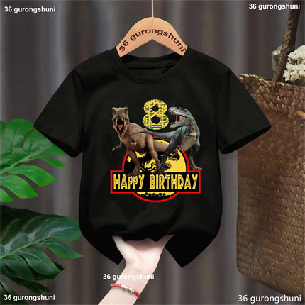 1st/2nd/3rd/4th/5th/6th/7th/8th/9th/10th Happy Birthday Jurassic World Printed Tshirt Girls/Boys Black Dinosaur Kids Clothes