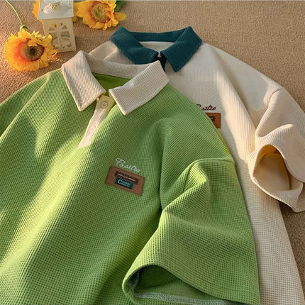Men's Summer Style American Vintage Polo Shirt Versatile Cotton Half Sleeve T-shirt Loose Fit Casual Clothing