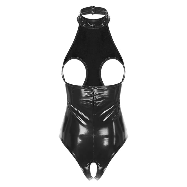 Women's Latex Lingerie Cutout Patent Leather Bodysuit Halter Neck Backless Crotchless Open Cup Teddies Leotard Erotic Clubwear