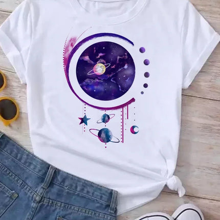 Women Moon Planet Print Fashion Tee Shirts Casual Round Neck Short Sleeve Streetwear Female T-Shirt Vintage Tops