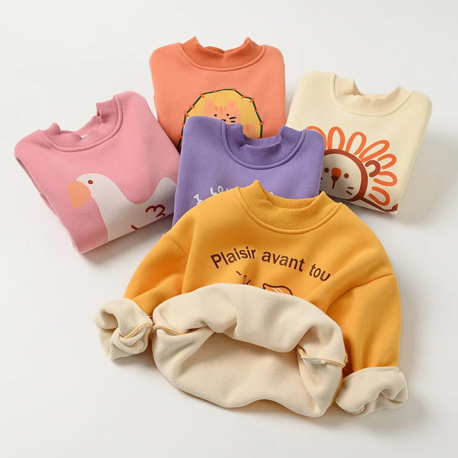 Children All-in-one Plush Sweater 3-8 Year Old Girl Cartoon Warm Pullover Boys Autumn and Winter Fashion Printed Sports Top