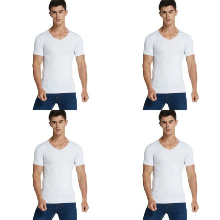 4Pcs Summer Ice Silk Men T-Shirt Vest Men's No Trace Sports Short Sleeve T-shirt Solid V-neck Tees Quick Dry Shirt Tops Fitness