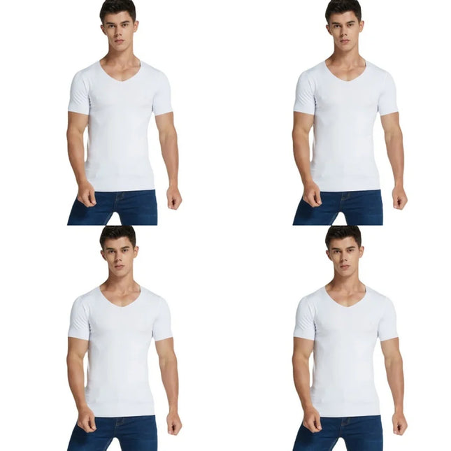 4Pcs Summer Ice Silk Men T-Shirt Vest Men's No Trace Sports Short Sleeve T-shirt Solid V-neck Tees Quick Dry Shirt Tops Fitness