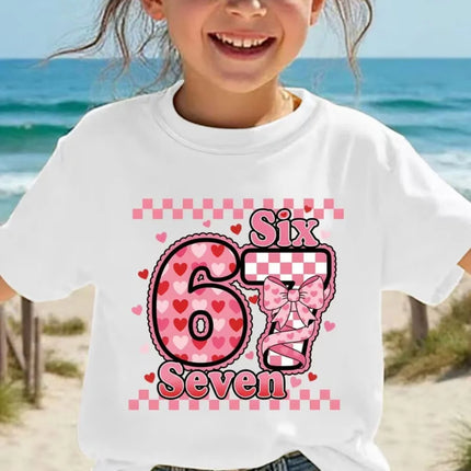Fun Six Seven 6 7 Meme Design T-Shirt for Kids Chaotic Humor Y2k Game Saying Tees Casual O-Neck Top Fashion Children's Clothing