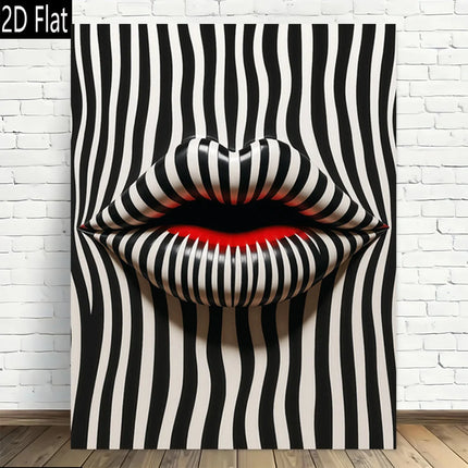 2D Flat 1pc Abstract Striped Lip Art Print - Frameless Canvas Wall Decor, Modern Retro Design with Bold Black & White Stripes