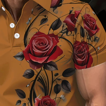 Men's Fashion Shirt Printed Design Short Sleeved Shirt,Casual Short Sleeved Shirt -Bright BlueRed Rose and Black Leaf Full Print