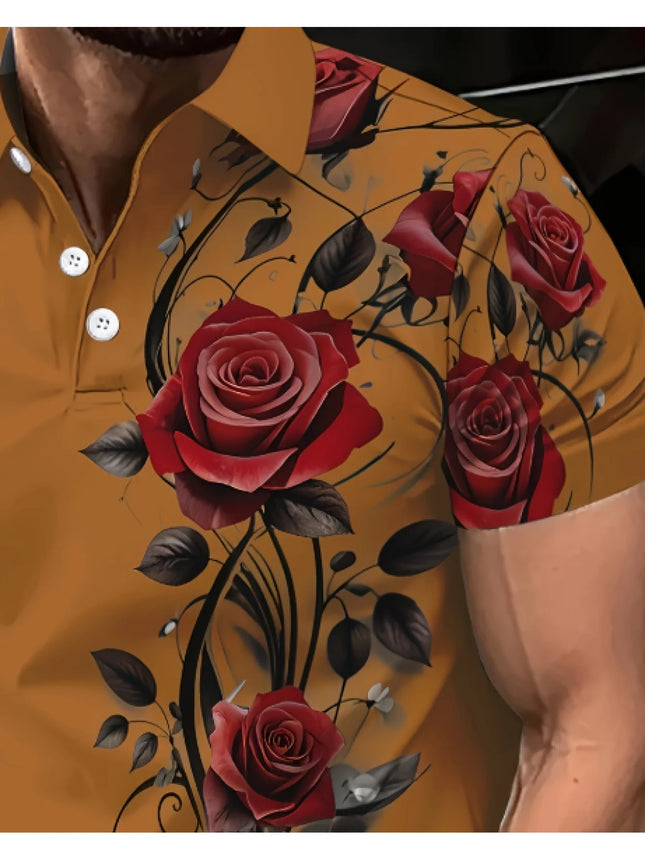 Men's Fashion Shirt Printed Design Short Sleeved Shirt,Casual Short Sleeved Shirt -Bright BlueRed Rose and Black Leaf Full Print