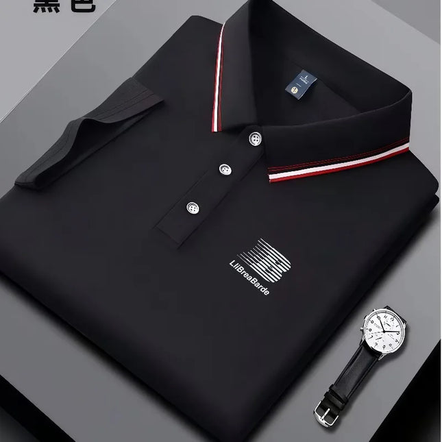 Men's Summer Polo Shirt, Brand Print, Short Sleeved Striped Collar, Summer Breathable Casual Business Top