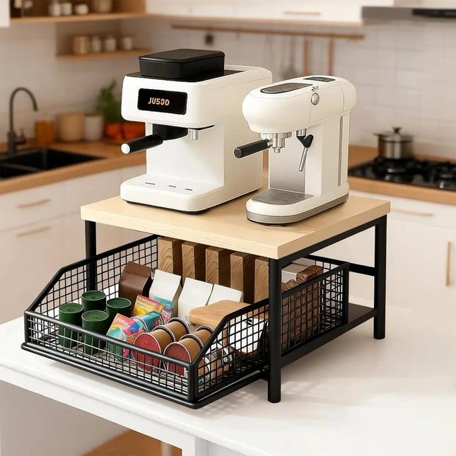 Double-Layer Kitchen Storage Rack with Drawers, Vintage Metal Countertop Organizer for Tableware Spices Coffee