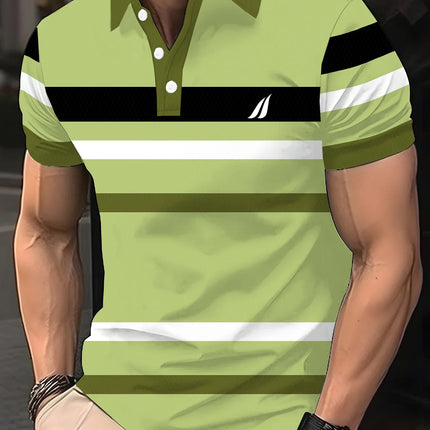 Men's casual striped checkered golf shirt, short-sleeved polo shirt for spring, summer, autumn and winter