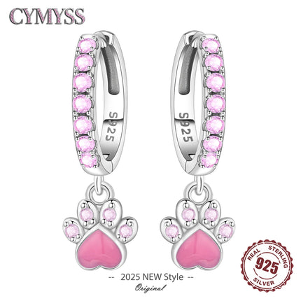 Hot Sale Original 925 Sterling Silver Zircon Pink Paw Print Earrings Heart Flower Leaf Design Women Party Jewelry Gift Ear Loops