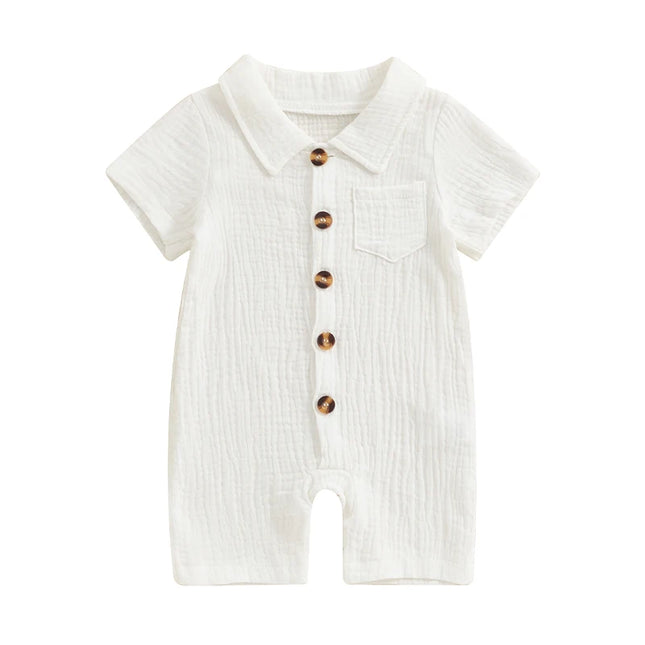 Summer Baby Clothing Newborn Infant Baby Boys Rompers Cotton Linen Solid Color Short Sleeve Lapel Jumpsuit Outfits