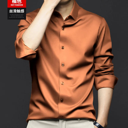 6XL Men Shirt Long Sleeve Slim Fit Luxury Smooth Soft Anti-wrinkle Non-ironing Solid Color Ice Silk Shirts Men Long Sleeve
